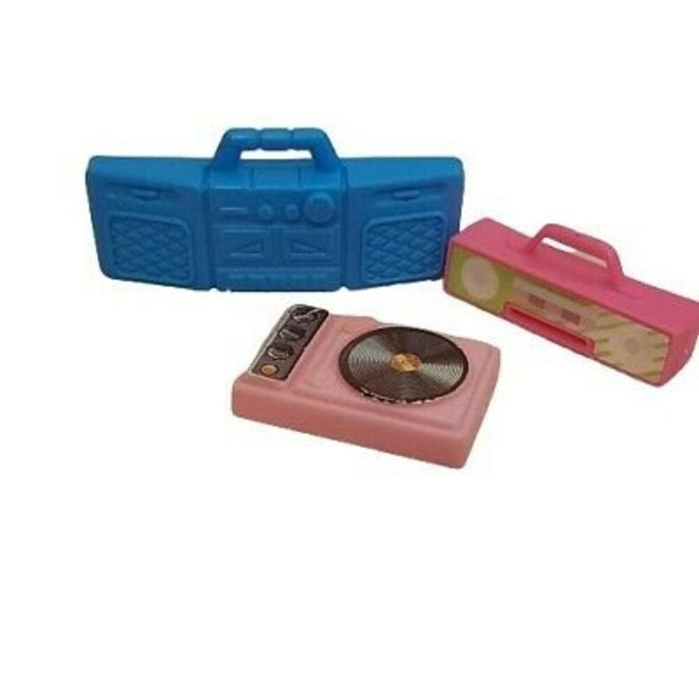 3 pc LOT Barbie Music - Boombox, Record Player pink blue dollhouse miniature